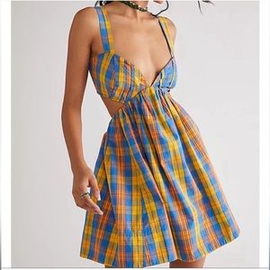 NWOT Free People Women’s Bridget Blue and Yellow Plaid Open Back Mini Dress - XS